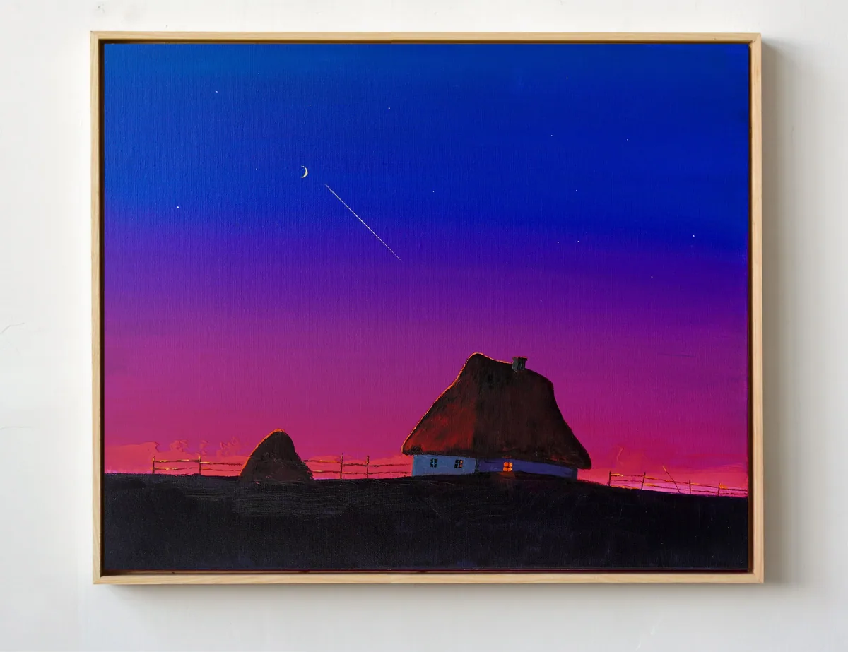 Nightfall Above the Quiet Roof, acrylic on canvas