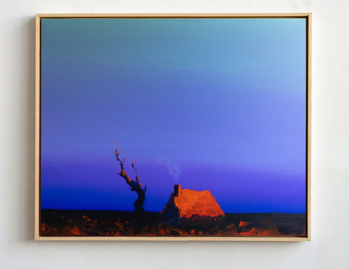 Twilight Ember Cottage, acrylic on canvas